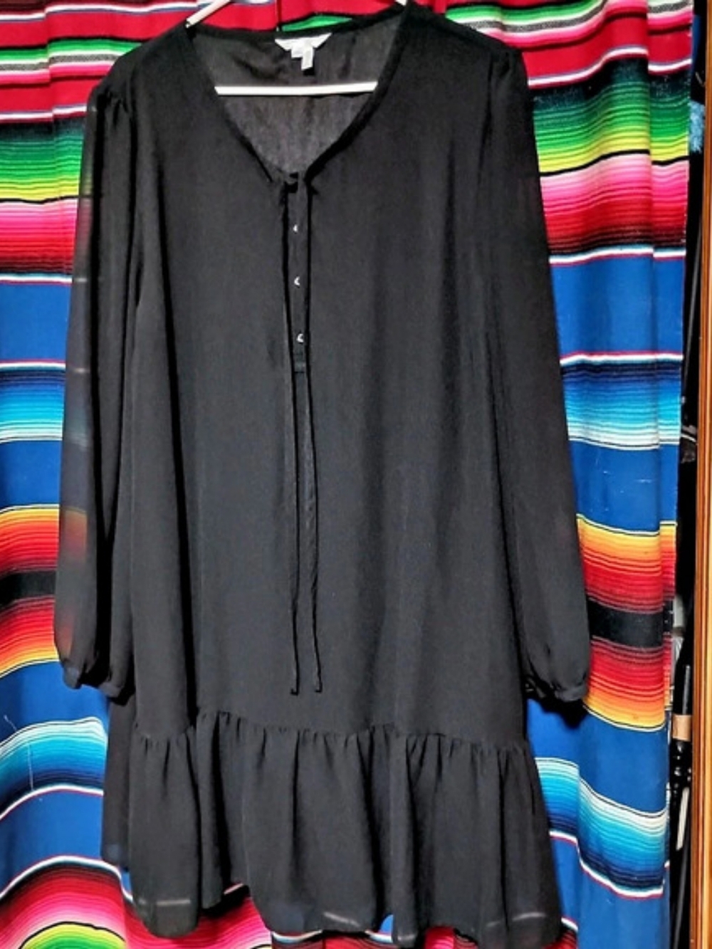 Draper James Long Sleeve Tie Neck Flounce Shift Dress Black XXL